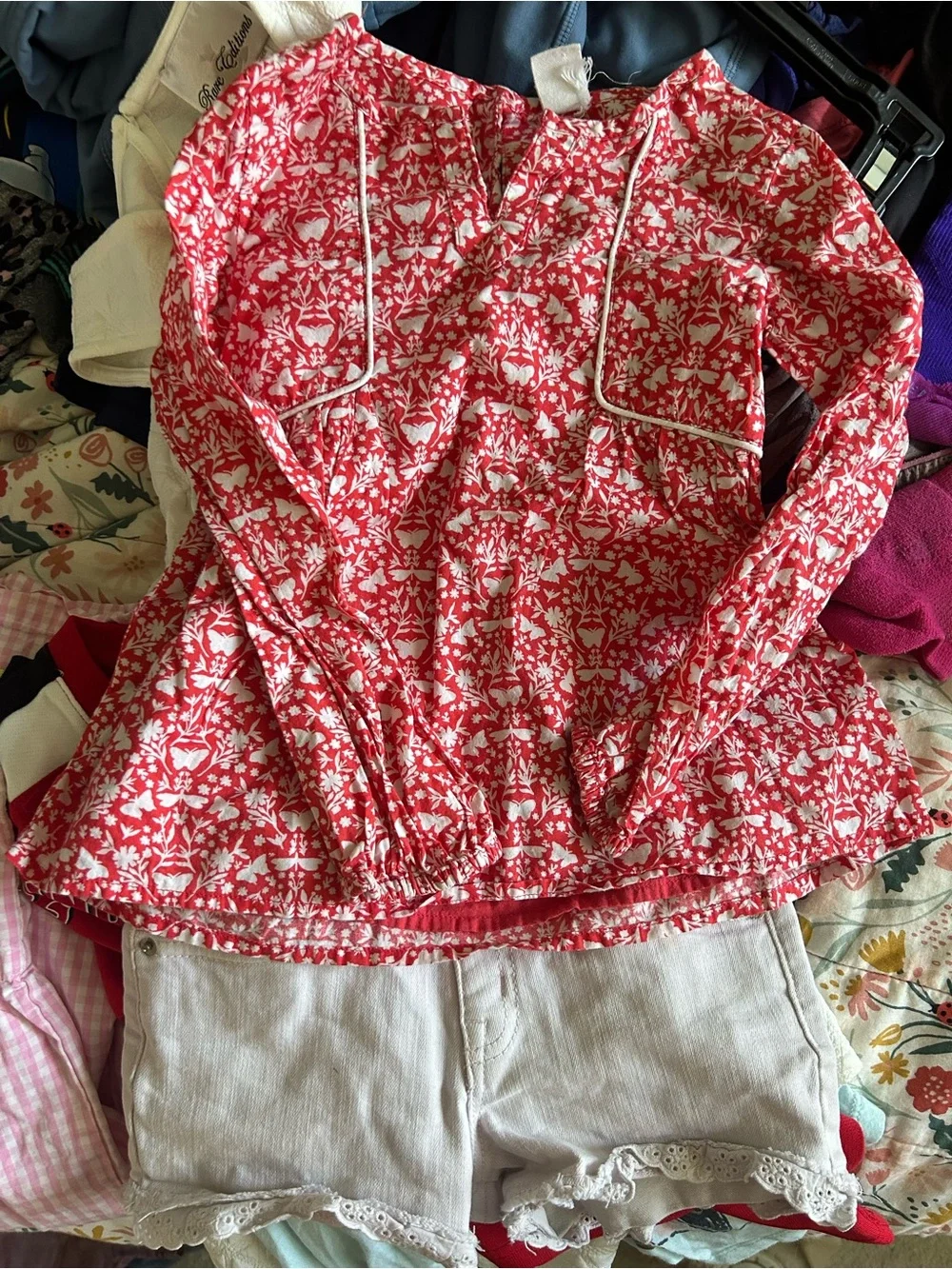 Girls' Red Floral Long-Sleeve Tunic Top + Shorts